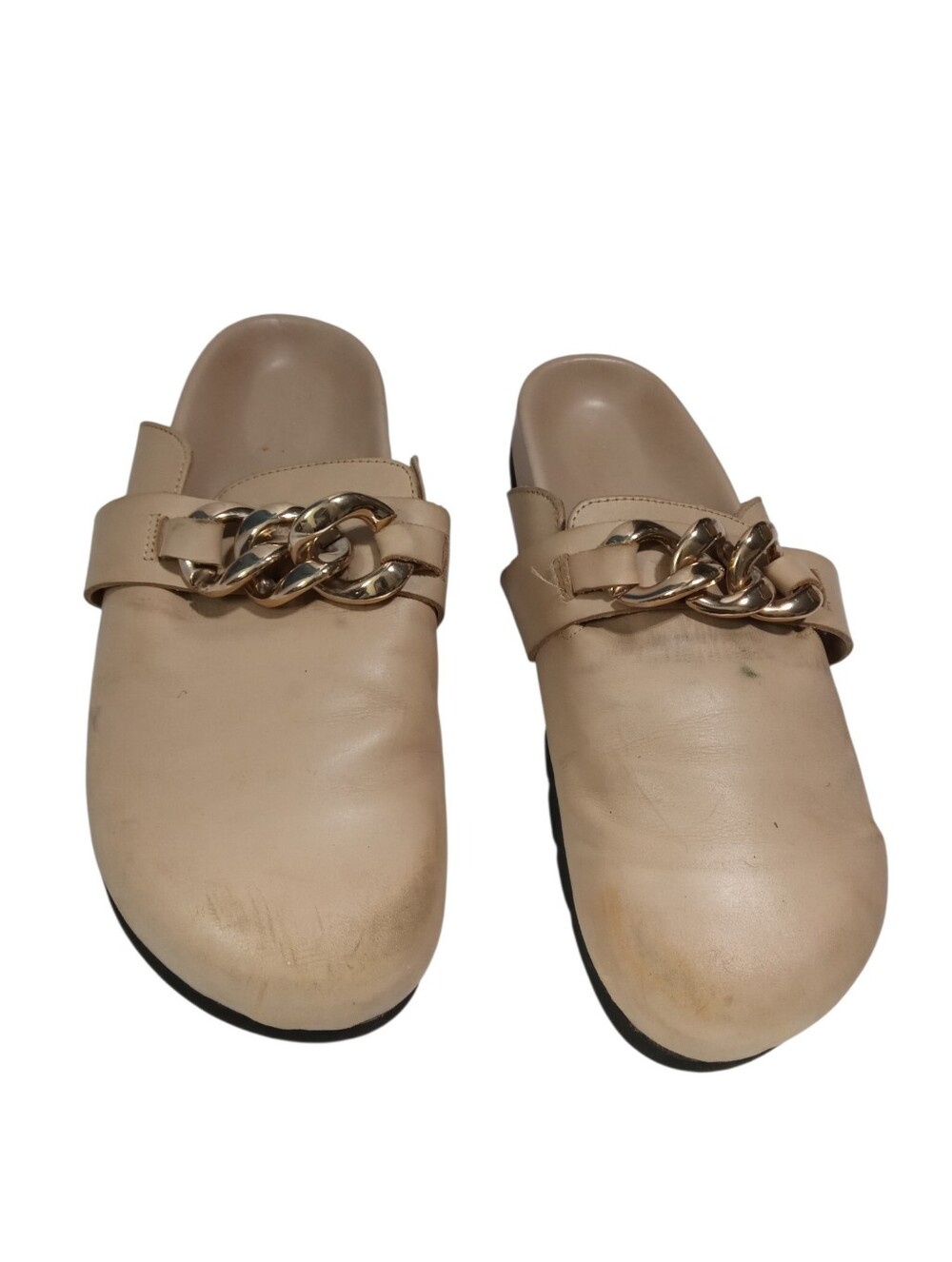 ALOHAS Taupe Gold Chain Slip-On Flat Mules Round Toe Slides Size 41/9.5